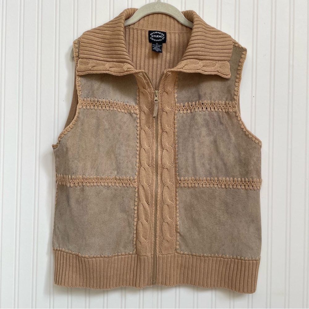 Designers Studio Originals Womens Patchwork Leather Zip Up Vest XL Cable Knit